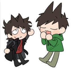  2boys :3 :d animification antenna_hair arm_up backpack bag black_coat black_eyes black_pants blush borrowed_hairstyle brown_hair brown_pants chibi chibi_only closed_eyes coat drawstring edd_(eddsworld) eddsworld flipped_hair frown green_hoodie hair_behind_ear hair_ears hands_up hood hood_down hoodie korika02 long_sleeves looking_up male_focus multiple_boys open_clothes open_coat open_mouth pants prototype_design red_shirt shirt short_hair simple_background smile sweatdrop swept_bangs tord_(eddsworld) u_u white_background 