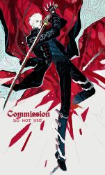  1boy black_coat black_gloves blue_boots blue_eyes blue_vest boots coat devil_may_cry_(series) devil_may_cry_5 fingerless_gloves gloves hair_slicked_back hashtag-only_commentary highres holding holding_sword holding_weapon hong_990 katana long_coat long_sleeves male_focus short_hair solo sword vergil_(devil_may_cry) vest weapon white_hair yamato_(sword) 