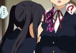  2girls ? black_hair blazer blush bow breast_envy breasts brown_eyes bust head_out_of_frame hirasawa_ui k-on! long_hair multiple_girls nakano_azusa open_mouth profile ribbon school_uniform spoken_sweatdrop stare staring_at_breasts sweatdrop twintails yamasaki_wataru 