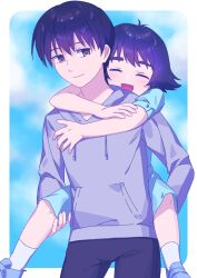  1boy 1girl aged_down black_hair black_pants blue_shorts blush carrying child closed_eyes commentary_request day grey_hoodie highres hood hoodie hug imamiyajet long_sleeves looking_back okabe_rintarou open_mouth outdoors pants piggyback science_adventure shiina_mayuri short_hair short_sleeves shorts sky smile socks steins;gate white_socks 