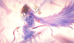  1girl barefoot bridge broken_pillar brown_hair cape closed_eyes closed_mouth column copyright_request detached_sleeves dress flower from_side full_body goto_p hands_up hood hood_down hooded_cape interlocked_fingers jewelry lily_(flower) medium_hair necklace own_hands_clasped own_hands_together pillar pink_flower red_ribbon ribbon solo torn_cape torn_clothes white_cape white_dress white_flower white_lily white_sleeves wide_sleeves 