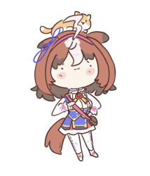  1girl absurdres ahoge animal_ears animal_on_head bag blue_dress blush blush_stickers breasts brown_hair cat cat_on_head chibi chibi_only commentary double-parted_bangs dress ear_ribbon english_commentary gloves hair_between_eyes hairband headband highres horse_ears horse_girl horse_tail long_sleeves looking_at_viewer medium_hair meisho_doto_(turbulent_blue)_(umamusume) meisho_doto_(umamusume) meto_(cat) multicolored_hair on_head pantyhose pink_hairband pink_headband shirt shoulder_bag simple_background smile solid_oval_eyes tail two-tone_hair ukichan22905846 umamusume white_background white_gloves white_hair white_pantyhose 