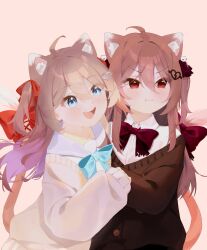  2girls :d :t ahoge animal_ear_fluff animal_ears aqua_bow aqua_bowtie black_cardigan blue_eyes blue_sailor_collar blush bow bowtie broken_heart broken_heart_hair_ornament brown_hair cardigan cat_ears cat_girl cat_tail closed_mouth collared_shirt commission double-parted_bangs evil_neuro-sama hair_between_eyes hair_ornament hair_ribbon heart heart_hair_ornament highres long_hair long_sleeves multiple_girls neuro-sama red_bow red_bowtie red_eyes red_ribbon ribbon sailor_collar shirt siblings sisters skull_hair_ornament sleeves_past_wrists smile tail tail_bow tail_ornament tamago_(t4mago_arts) teeth torn_bowtie twins two_side_up upper_body upper_teeth_only v-shaped_eyebrows vedal_ai vgen_commission virtual_youtuber wavy_mouth white_shirt yellow_background yellow_cardigan 