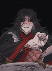  1boy apron black_background black_hair black_hanfu blood blood_drip blood_on_arm blood_on_knife blush bowl chinese_clothes clenched_hand commentary curtained_hair facial_mark forehead_mark frilled_apron frills from_below gatan666 hanfu highres injury knife long_hair long_sleeves looking_down luo_binghe male_focus open_mouth parted_bangs plaid_apron plaid_clothes red_apron red_eyes renzha_fanpai_zijiu_xitong scar scar_on_hand shaded_face smile symbol-only_commentary wavy_hair whisk wide_sleeves zuiyin 
