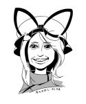  bkub bow cameron_diaz cosplay face hat monochrome ribbon simple_background smile solo touhou translated yakumo_yukari yakumo_yukari_(cosplay) 