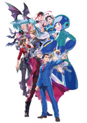  3girls 5boys absurdres ace_attorney android arm_cannon bat_(animal) bat_wings black_boots black_hair black_shirt blonde_hair blue_bodysuit blue_eyes blue_hair blue_helmet blue_jacket blue_suit bodysuit boots bracelet bridal_gauntlets brown_eyes brown_hair bun_cover capcom cat china_dress chinese_clothes chun-li claire_redfield coat colorpoint_(pattern) dante_(devil_may_cry) demon_girl denim devil_may_cry_(series) double_bun dress ebony_&amp;_ivory everyone felyne forked_eyebrows frown gloves gun hair_bun hand_on_own_hip handgun head_wings headband helmet highleg highleg_leotard highres holding holding_gun holding_sword holding_weapon jacket jewelry lapel_pin leon_s._kennedy leotard looking_at_viewer martial_arts_belt mega_man_(character) mega_man_(series) mita_chisato monster_hunter_(series) morrigan_aensland multiple_boys multiple_girls muscular muscular_male non-web_source off-shoulder_leotard official_art open_mouth pantyhose phoenix_wright pointing print_pantyhose purple_pantyhose purple_wings red_coat red_headband red_jacket resident_evil robot ryu_(street_fighter) shirt short_hair siamese_cat smile spiked_bracelet spikes spiky_hair street_fighter suit sword teeth upper_teeth_only weapon whiskers white_background white_hair wild_felyne wings 