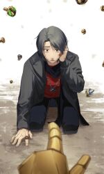  2boys absurdres battle_damage black_hair black_jacket gozyueagle gozyuleon gozyupolar gozyutyranno gozyuunicorn highres jacket kneeling maruta_(rintonosousaku) multiple_boys no.1_sentai_gozyuger pants pointing pov red_eyes red_shirt sentai_ring shirt short_hair solo_focus super_sentai tega_sword_(character) tono_hoeru white_background 