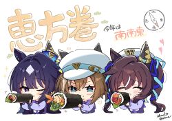  3girls ^_^ anchor_necklace animal_ears beret blue_eyes blue_hair blue_ribbon blush brown_hair cheval_grand_(umamusume) closed_eyes commentary_request ear_covers ear_ornament ears_through_headwear eating ehoumaki food hair_between_eyes hair_ornament hat highres holding holding_food horse_ears horse_girl jewelry long_hair long_sleeves makizushi multicolored_hair multiple_girls necklace one_eye_closed ribbon school_uniform siblings simple_background single_ear_cover sisters smile sushi tracen_school_uniform translation_request twintails umamusume v_sisters verxina_(umamusume) violet_eyes vivlos_(umamusume) white_background white_hair white_hat yanato_(e-huxe) 