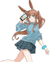  2girls alternate_costume amiya_(arknights) animal_ears aqua_eyes aqua_sweater arknights black_skirt brown_hair cellphone_photo collared_sweater extra_ears feet_out_of_frame hair_between_eyes hand_up highres holding holding_phone jewelry long_sidelocks long_sleeves looking_at_viewer multiple_girls multiple_rings one_eye_closed phone pleated_skirt rabbit_ears rabbit_girl rep120105 ring rosmontis_(arknights) sidelocks simple_background skirt smile sweater teeth white_background 