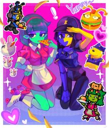  2girls black_eyes black_hair blue_skin blunt_bangs blunt_ends bob_cut burger carrot colored_skin commentary creator_connection dog dress ena_(ena) ena_(series) ena_(species) ena_(web_series) floating_head food hairband hands_up! happy_ena hat headphones heart highres hourglass_dog kneeling low_poly margo_(joel_g) moony_(ena) multicolored_skin multiple_girls open_mouth pants pizza pizza_slice rabbit roller_skates shirt short_sleeves skates skirt smile split-color_skin symbol-only_commentary two-tone_skin ula_(joel_g) usagimarumei yellow_skin 