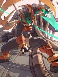  1boy absurdres armor battle blonde_hair energy_sword helmet highres holding holding_sword holding_weapon long_hair looking_at_viewer mega_man_(series) mega_man_zero_(series) omochi_(mochi_skymega) red_armor red_helmet sword weapon z_saber zero(z)_(mega_man) zero_(mega_man) 