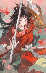  1girl absurdres arm_up black_hair blue_eyes chinese_clothes chinese_commentary chinese_paper-cut chunjinran000 closed_mouth commentary_request facial_mark forehead_mark green_background hair_branch hair_bun hands_up hanfu highres layered_sleeves long_hair long_sleeves looking_at_viewer mole mole_above_eye paper_heron papercutting red_hanfu reverse:1999 short_over_long_sleeves short_sleeves smile solo upper_body 