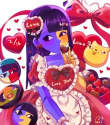  1girl alternate_costume asymmetrical_hair black_eyes black_hair blue_skin blunt_bangs blush bow candy chocolate colored_skin cookie demon_ena dog dress ena:_dream_bbq ena_(dream_bbq) ena_(ena) ena_(series) ena_(species) ena_(web_series) floating_head food frilled_dress frills hair_ornament happy_ena heart heart-shaped_chocolate heart-shaped_food heart_hair_ornament highres hourglass_dog long_hair multicolored_skin puffy_short_sleeves puffy_sleeves red_ribbon ribbon sad_ena salesperson_ena short_sleeves smile solo split-color_skin text_hair_ornament two-tone_skin usagimarumei valentine yellow_skin 