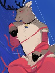  1boy animal_ears animal_hands antlers bell black_collar black_horns blue_background body_fur brown_fur collar commentary cowboy_shot deer_boy deer_ears fur-trimmed_sleeves fur-trimmed_thighhighs fur_trim furry furry_male heart highres hooves horns male_focus neck_bell open_mouth original red_eyes red_sleeves red_thighhighs reindeer_antlers reindeer_boy symbol-only_commentary tanitani0606 thigh-highs two-tone_fur yellow_fur 