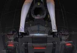  1boy 1girl 67k black_shoes cockpit control_stick film_grain gundam gundam_hathaway's_flash hathaway_noa helmet highres kneehighs legs mecha_interior mecha_pilot_suit pilot pilot_chair pilot_helmet science_fiction shoes socks white_socks 