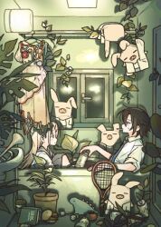  1boy 1girl bathroom bathtub black_hair black_sailor_collar black_skirt blonde_hair blue_necktie book can cigarette clothes_hanger collared_shirt commentary_request cup dice disposable_cup doch1_suki dress drink_can from_side gakuen_idolmaster grey_eyes hair_ornament hairclip highres holding holding_can idolmaster in_bathtub indoors instrument long_hair looking_at_another looking_up necktie parallel_hairclips plant potted_plant producer_(idolmaster) profile racket sailor_collar school_uniform serafuku shared_bathing shinosawa_hiro shirt short_hair sink sitting skirt sleeves_rolled_up small_sweatdrop smoking stuffed_toy sunfaded_(idolmaster) tennis_racket tomato trumpet unworn_dress white_shirt window 