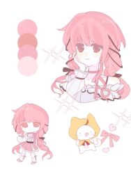  1girl agnes_digital_(full-color_fangirling)_(umamusume) agnes_digital_(umamusume) ahoge animal bare_shoulders belt black_belt black_bow black_ribbon bow bow_choker bowtie bra_strap brown_eyes buttons cat center_frills chibi chinese_commentary choker cloak clothed_animal collarbone commentary_request cropped_torso cross-laced_clothes cross-laced_legwear dot_nose ear_covers eyelashes frilled_shirt frilled_skirt frills hair_bow hair_ribbon hand_on_own_cheek hand_on_own_face happy heart highres hood hood_up hooded_cloak infinity_nikki kneehighs layered_skirt light_blush long_hair long_sidelocks long_sleeves looking_ahead low_twintails miniskirt momo_(nikki) multiple_views nikki_(nikki) nikki_(series) off-shoulder_shirt off_shoulder open_mouth perfect_start_(infinity_nikki) pink_bow pink_bowtie pink_choker pink_hair pink_shoes pink_skirt pleated_skirt puffy_long_sleeves puffy_sleeves red_bow red_bowtie ribbon ribbon_legwear sample_watermark san_900 see-through_clothes see-through_sleeves shirt shoes sidelocks simple_background single_stripe skirt smile socks solid_circle_eyes sparkle striped_bow striped_bowtie striped_choker striped_clothes tress_ribbon twintails very_long_hair watermark whiskers white_background white_cat white_shirt white_skirt white_socks yellow_cloak 