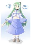 1girl arnest blush breasts brown_shoes detached_sleeves frog gohei green_eyes green_hair hair_ornament highres kochiya_sanae long_hair long_skirt midriff miko navel open_mouth shoes skirt snake solo touhou very_long_hair