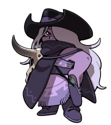  1girl alternate_costume amethyst_(steven_universe) colored_skin cowboy_hat discount-supervillain gem_(steven_universe) hair_over_one_eye hat long_hair plump purple_skin round_nose skull solo steven_universe white_hair 
