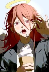  1boy 333takoyaki absurdres angel_devil_(chainsaw_man) black_jacket chainsaw_man collared_shirt food food_on_face hair_behind_ear hair_between_eyes halo highres holding holding_ice_cream_cone ice_cream ice_cream_cone ice_cream_on_face jacket long_hair long_sleeves looking_at_viewer male_focus open_mouth red_eyes red_hair shirt simple_background solo upper_body white_shirt white_wings wings 