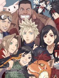 3girls 5boys 5tatsu aerith_gainsborough ascot bare_shoulders barret_wallace black_gloves black_hair blonde_hair blue_eyes blue_jacket blue_sweater brown_eyes brown_hair brown_vest cait_sith_(final_fantasy) cat cid_highwind closed_mouth cloud_strife collarbone commentary_request dark-skinned_male dark_skin double_v earrings facial_hair final_fantasy final_fantasy_vii final_fantasy_vii_rebirth final_fantasy_vii_remake fingerless_gloves gloves goggles goggles_on_head green_eyes green_sweater grin hand_on_another's_shoulder headband highres jacket jewelry long_hair looking_at_viewer moogle multiple_boys multiple_girls open_mouth orange_fur parted_bangs parted_lips red_eyes red_hair red_headband red_jacket red_xiii ribbed_sweater short_hair sleeveless sleeveless_turtleneck smile spiky_hair sweater swept_bangs tifa_lockhart turtleneck turtleneck_sweater upper_body v vest vincent_valentine watermark white_ascot yuffie_kisaragi 