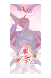  1boy 1other aged_down animal_ears apple blonde_hair blue_shirt border clothes_lift collared_shirt commentary_request diamond_wa_kudakenai disembodied_hand dual_persona flower food formal_clothes fruit green_shirt highres holding holding_food holding_fruit holding_knife jacket jojo_no_kimyou_na_bouken killer_queen kira_yoshikage knife long_sleeves looking_at_viewer male_focus molimolijio peeling plant purple_jacket ribbon shirt shirt_lift short_hair solo_focus stand_(jojo) striped_clothes striped_shirt suit venus_flytrap violet_eyes white_border 