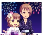  1girl :d aerial_fireworks bag blush brother_and_sister brown_eyes brown_hair enoo fireworks flower hair_ornament hairpin hand_holding happy holding_hands japanese_clothes jewelry kimono kresnik_ahtreide multicolored_eyes night open_mouth pink_rose purple_eyes rose short_hair siblings simple_background smile violet_eyes white_rose wild_arms wild_arms_4 wild_arms_xf yulie_ahtreide 