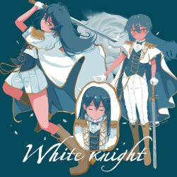  1girl alternate_costume blue_background blue_hair blue_vest blush boots brown_boots buttons cape center_frills closed_eyes closed_mouth cropped_jacket double-breasted epaulettes falling_petals floating_hair flower frilled_shirt frills full_body gloves hair_between_eyes highres holding holding_sword holding_weapon knee_boots long_hair looking_at_viewer love_live! love_live!_school_idol_project multiple_views ohayo_tamago pants petals rose shirt short_sleeves shorts sonoda_umi sparkle standing standing_on_one_leg swinging_weapon sword vest weapon white_cape white_flower white_gloves white_pants white_petals white_rose white_shorts yellow_eyes 