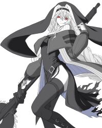  1girl absurdres arknights ascot belt belt_buckle black_belt black_dress black_hat black_veil braid buckle capelet circular_saw clothing_cutout coif dress garter_belt garter_straps grey_ascot grey_capelet grey_hair hair_between_eyes hat highres holding holding_weapon kyoro_(kyoroillust) long_hair long_sleeves looking_at_viewer nun nun_headdress pale_skin puffy_sleeves red_eyes saw sidelocks simple_background solo specter_(arknights) thigh-highs thigh_cutout thighs two-sided_fabric two-sided_headwear veil very_long_hair weapon white_background 