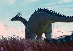  antlers blue_sky commentary_request day dinosaur grass horns monster monster_focus no_humans original outdoors sky toy(e) transmission_tower 