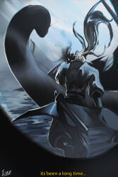  1boy absurdres animal black_robe black_tunic chromatic_aberration cqu creature english_text feet_out_of_frame from_behind high_ponytail highres long_hair male_focus mongrel_(shadow_slave) ponytail robe shadow_slave solo sunny_(shadow_slave) tunic white_hair wind wind_lift 