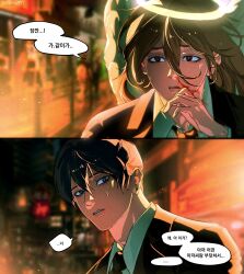  2boys angel_devil_(chainsaw_man) angel_wings black_hair black_jacket black_necktie blood chainsaw_man collared_shirt commentary_request earrings eundo99 glowing glowing_halo hair_between_eyes halo hayakawa_aki highres jacket jewelry korean_commentary korean_text looking_at_another male_focus multiple_boys necktie nosebleed outdoors parted_lips shirt short_hair speech_bubble suit_jacket teeth translation_request twitter_username white_shirt wings 