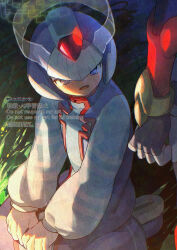  2boys android armor blue_eyes blue_helmet blue_robe commentary_request cyber_elf_x_(mega_man) forehead_jewel halo helmet male_focus mega_man_(series) mega_man_zero_(series) multiple_boys open_mouth red_armor robe seiza sitting solo_focus twitter_username watermark x_(mega_man) yamanashi_taiki zero(z)_(mega_man) zero_(mega_man) 