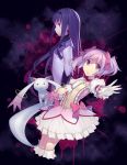  akemi_homura blood expressionless foreshortening hand_on_chest hand_on_own_chest hand_to_chest highres kaname_madoka kyubey kyuubee long_hair mahou_shoujo_madoka_magica mckeee multiple_girls outstretched_arm outstretched_hand pink_eyes profile purple_eyes purple_hair short_hair twintails violet_eyes 