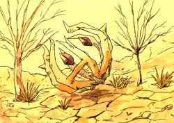  bare_tree bramblin commentary_request crack cracked_floor desert full_body grass no_humans omega_takai pokemon pokemon_(creature) sepia solo tree 