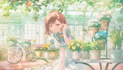  1girl adjusting_hair arm_up bare_arms bicycle blue_butterfly blue_flower braid breasts brown_eyes brown_hair bug butterfly buttons closed_mouth colorful_palette dot_nose dress earrings falling_petals floating_hair floral_print floral_print_dress flower flower_earrings flower_request frilled_shirt_collar frilled_sleeves frills game_cg green_theme grey_vest hanging_plant highres hodokenu_ashita_ni_te_wo_nobashite_(project_sekai) jewelry lips looking_at_flowers medium_breasts neck_ribbon official_alternate_costume official_art orange_flower petals pink_butterfly pink_flower plant potted_plant print_dress project_sekai puffy_short_sleeves puffy_sleeves ribbon ribbon_earrings shinonome_ena short_hair short_sleeves side_braid single_braid smile solo table third-party_source vest white_dress wind window yellow_flower yellow_petals 