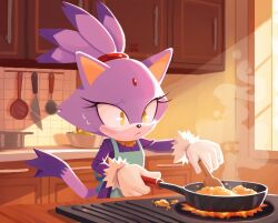  1girl animal_ears apron blaze_the_cat cat_ears cat_girl cat_tail cooking draw_chill's frying_pan fur-trimmed_gloves fur_trim furry furry_female gloves kitchen ponytail purple_fur signature sonic_(series) sweatdrop tail white_gloves window 