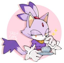  1girl animal_ears artist_name blaze_the_cat cat_ears cat_girl cat_tail cup draw_chill's forehead_jewel fur-trimmed_gloves fur_trim furry furry_female gloves looking_at_viewer simple_background sonic_(series) tail teacup white_gloves yellow_eyes 