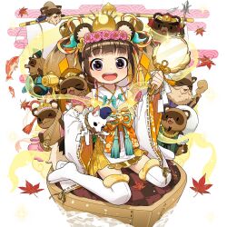  1girl animal_ears bare_shoulders black_eyes brown_hair commentary_request detached_sleeves fake_animal_ears flower hair_flower hair_ornament holding holding_mirror japanese_clothes jewelry komainu magatama magatama_necklace mirror necklace open_mouth raccoon_ears raccoon_girl raccoon_tail short_hair sitting tabi tail tanuki tanuko thigh-highs twintails uchako uchi_no_hime-sama_ga_ichiban_kawaii wariza white_thighhighs 