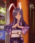  animal_ears bunny_ears bust grey_hair hair_ornament hairclip hands hands_together japanese_clothes kimono light_smile long_hair obi palm-fist_greeting purple_hair red_eyes reisen_udongein_inaba solo touhou wuliao555 