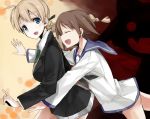  blue_eyes braid brown_hair closed_eyes lynette_bishop miyafuji_yoshika necktie sasaki_kouhei short_hair single_braid strike_witches 