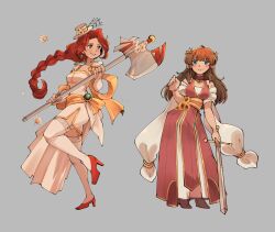  2girls alternate_costume braid braided_ponytail brown_hair charmwitch fire_emblem fire_emblem:_radiant_dawn fire_emblem_heroes green_eyes high_heels highres mist_(fire_emblem) multiple_girls red_hair titania_(fire_emblem) 
