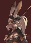  1girl animal_ears armor bow_(weapon) breasts cleavage dark_skin dated final_fantasy final_fantasy_xii fran highres junkpuyo lips long_hair nose over_shoulder ponytail rabbit_ears red_eyes simple_background solo viera weapon weapon_over_shoulder white_hair 