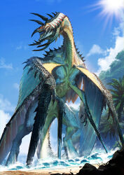  absurdres beach blue_sky clouds cloudy_sky commentary_request day highres monster monster_focus no_humans ocean original outdoors palm_tree sand sky tree yaziri 