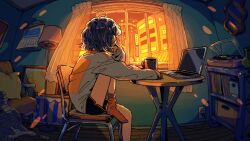  1girl arm_on_table black_shorts blanket blue_hair book bookshelf building cable calendar_(object) chair coffee_mug color_contrast commentary_request computer cup curtains electrical_outlet english_commentary facing_away fisheye foot_out_of_frame from_side hand_up highres indoors lamp laptop leg_up long_sleeves looking_to_the_side mirror mixed-language_commentary mug no_shoes on_chair orange_socks original phonograph picture_frame pillow port_(portzzz) shirt short_hair short_shorts shorts sitting slice_of_life socks solo turning_head white_shirt 