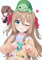  1boy 2girls ahoge animas0120 aqua_bow aqua_bowtie badge black_cardigan blue_sailor_collar bow bowtie broken_heart broken_heart_hair_ornament brown_hair button_badge cardigan closed_mouth commentary double_finger_heart evil_neuro-sama finger_heart four-finger_heart_hands grin hair_between_eyes hair_ornament hair_ribbon heart heart_hair_ornament heart_hands highres long_hair long_sleeves looking_at_viewer multiple_girls neuro-sama off-shoulder_cardigan one_eye_closed red_bow red_bowtie red_eyes red_ribbon ribbon sailor_collar simple_background smile symbol-only_commentary turtle two_side_up upper_body vedal987 vedal_ai virtual_youtuber white_background yellow_cardigan 