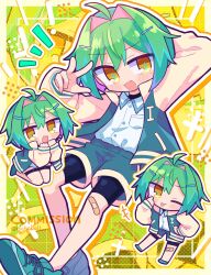  1girl bandaid baseball_jersey bow commentary_request green_hair green_jacket green_pants green_shoes highres jacket jersey pants red_bow richard_(richaball) shirt shoes shorts sneakers white_shirt yellow_eyes 