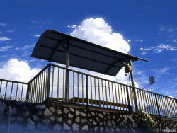  artist_name blue_sky bus_stop clouds cloudy_sky cumulonimbus_cloud fence highres mclelun no_humans original power_lines scenery sky traffic_light 