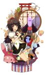  alternate_costume animal_ears black_hair black_wings brush bunny_ears camera evers hat highres japanese_clothes kimono long_hair multiple_girls purple_hair red_eyes reisen_udongein_inaba round_window scroll shameimaru_aya short_hair skirt solo tokin_hat torii touhou window wings 