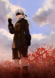  1boy 9s_(nier:automata) black_boots black_choker black_gloves black_jacket black_shorts blindfold blue_sky boots choker closed_mouth clouds cloudy_sky commentary feet_out_of_frame flower gloves grey_hair highres jacket lips long_sleeves male_focus mitsuki_nite nier:automata nier_(series) outdoors red_flower short_hair shorts sky solo standing white_flower 
